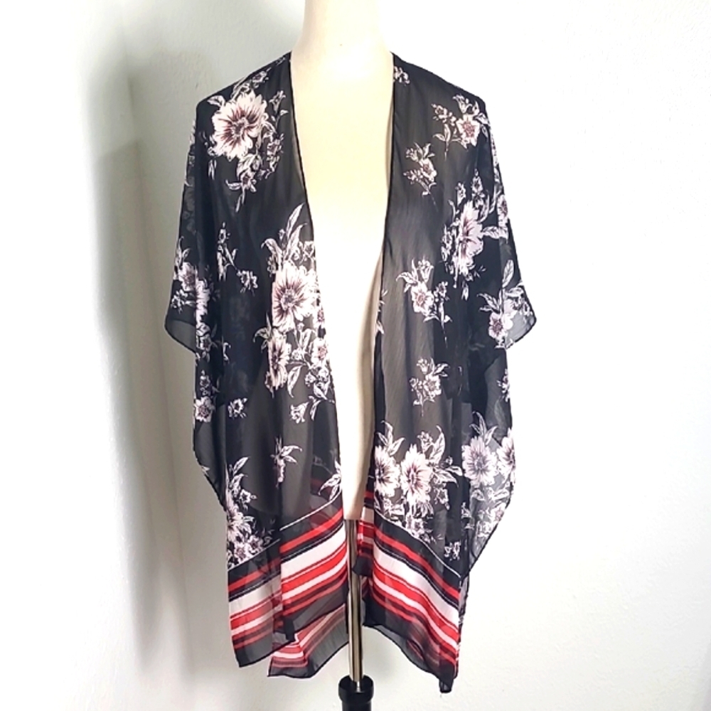 Beautiful Chiffon Black Kimono with White Flowers & Red Striped Hem, OS